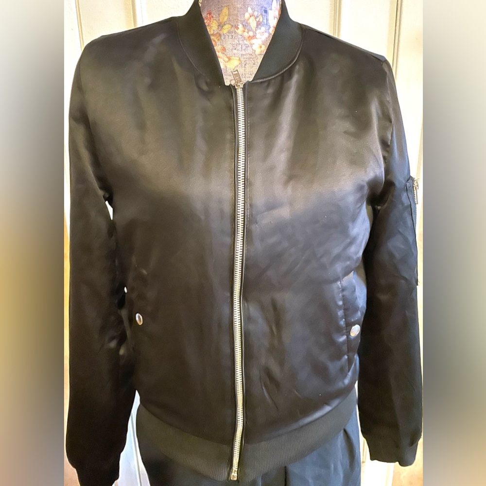 Ambiance Outerwear Black Silk Bomber Jacket.Size S